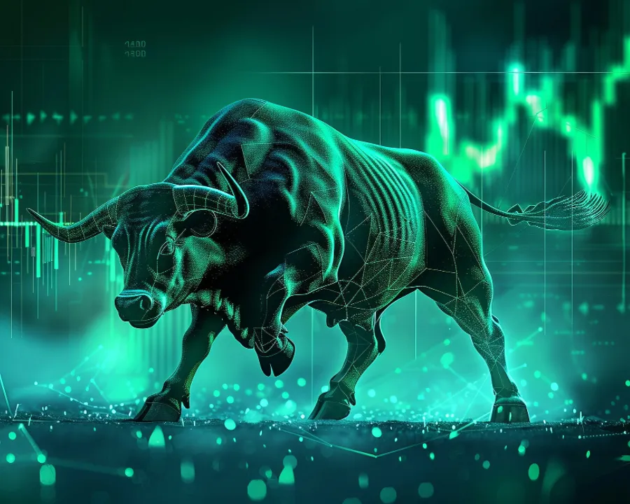 Charging bull over rising market charts, representing financial services